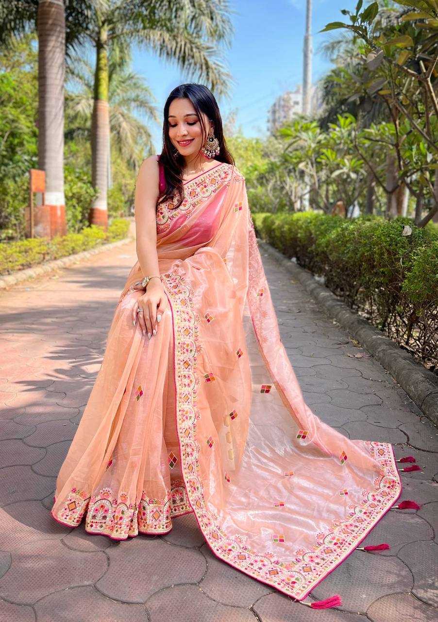 Twill Net  Embroidered Lace Border Stone Work Zari Saree